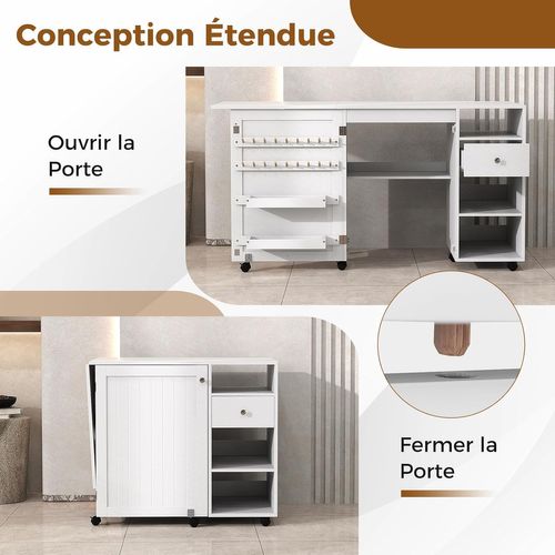 Table De Couture Pliante, Meuble Machine à Coudre Avec 4 Compartiments Ouverts Et 1 Tiroir, Blanc