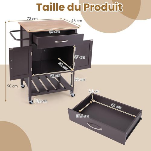 KOMFOTTEU Chariot De Cuisine à Roulettes 100x48x90cm - 1 Tiroir, 1 Armoire & 3 Étagères - Brun