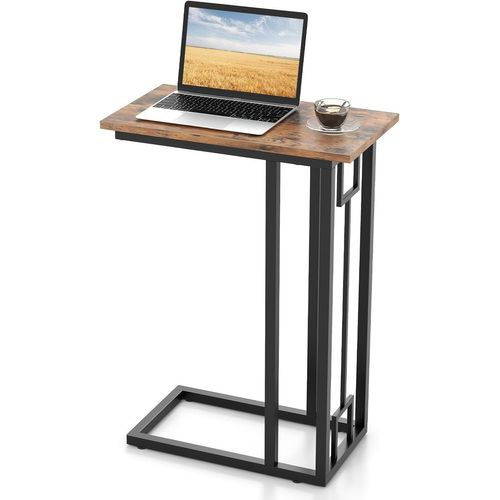 Table D'appoint Industrielle En C - 55x36,5x60 Cm - Bois Foncé Et Acier - Pour Canapé, Lit, Salon