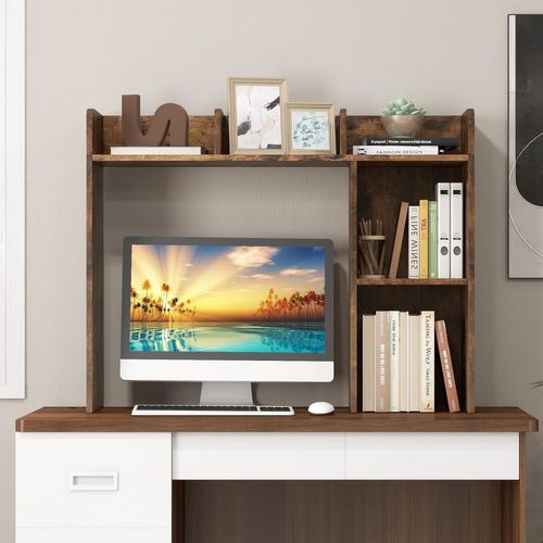 Bibliothèque, Étagere à Poser Sur Meuble Avec 5 Compartiments Pour Écran 27", 25 X 94 X 74 Cm Marron