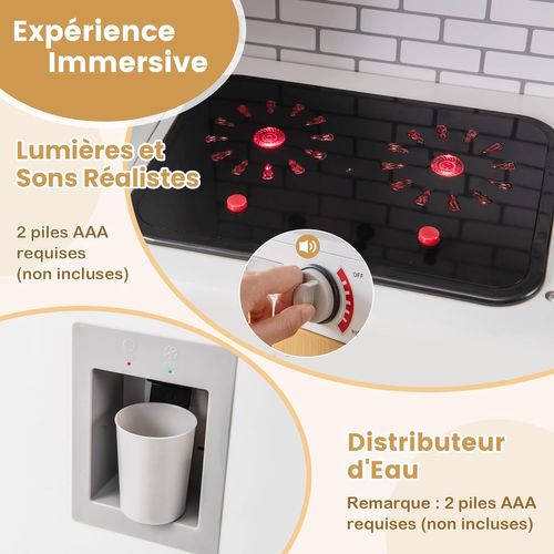 COSTWAY - Cuisine En Bois Enfant, Effets Sonores/lumières, Micro-ondes, Machine à Laver, Distributeur Eau, 82x25x80,5 Cm, Dès 3 Ans