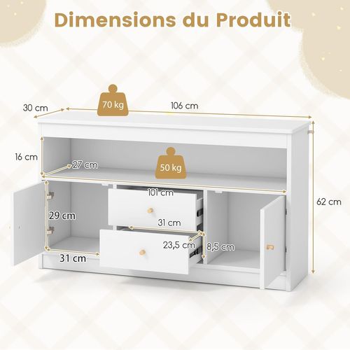 Coffre à Jouets Enfant Avec 2 Tiroirs Et 2 Armoires, Meuble De Rangement, 106 X 30 X 62 Cm