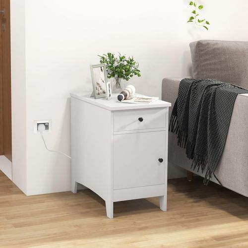 COSTWAY Table D'Appoint Avec Station De Charge - 2 Prises + USB + Type-C, Tiroir & Porte-Revue, Bout De Canapé 60 Cm Idéal Petit Espace, Style Naturel