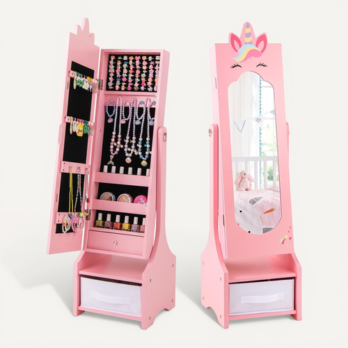 COSTWAY Armoire à Bijoux Enfant avec Miroir & Bac en Tissu, Organisateur à Bijoux en Motif Licorne avec 2 Angles d'Inclinaison, Dispositif Anti- basculement, Miroir sur Pied pour 3 Ans+ (Blanc