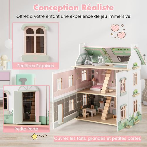 Maison De Poupée En Bois à 3 Étages Avec Toit Amovible Et Double Face, Maison De Rêve