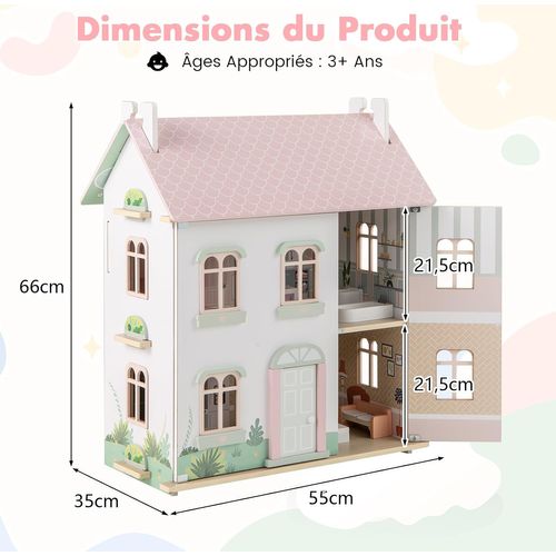 Maison De Poupée En Bois à 3 Étages Avec Toit Amovible Et Double Face, Maison De Rêve