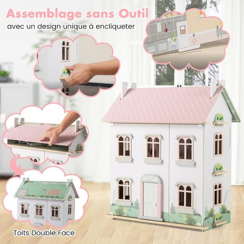 Maison De Poupée En Bois à 3 Étages Avec Toit Amovible Et Double Face, Maison De Rêve