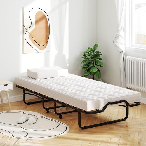 Lit Pliant 80x200 Cm Avec Matelas Orthopédique En Mémoire 10 Cm, Lit D’appoint Pliable, Beige