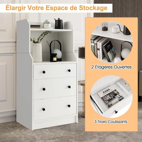 Commode Chambre Avec Étagère, Commode 3 Tiroirs Avec Compartiment, Commode Haute 111 Cm