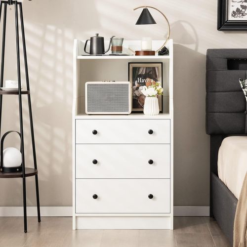 Commode Chambre Avec Étagère, Commode 3 Tiroirs Avec Compartiment, Commode Haute 111 Cm