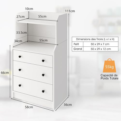 Commode Chambre Avec Étagère, Commode 3 Tiroirs Avec Compartiment, Commode Haute 111 Cm