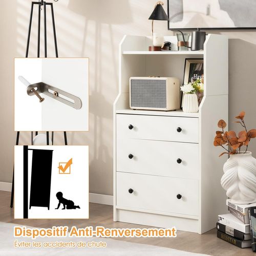 Commode Chambre Avec Étagère, Commode 3 Tiroirs Avec Compartiment, Commode Haute 111 Cm