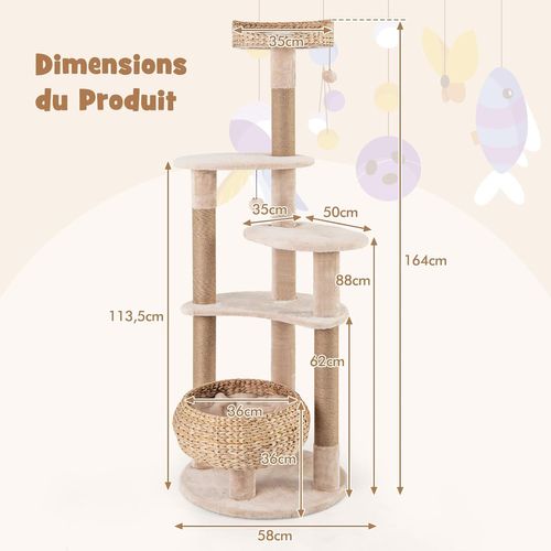 Arbre à Chat Bois 164 Cm, Arbre à Chat Design, 3 Griffoirs Chat En Jute, Tour Pour Chat à 6 Étages