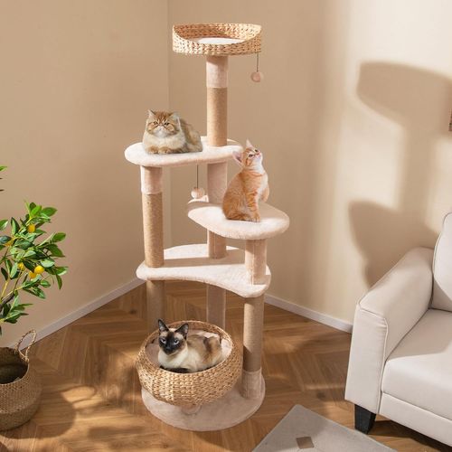 Arbre à Chat Bois 164 Cm, Arbre à Chat Design, 3 Griffoirs Chat En Jute, Tour Pour Chat à 6 Étages