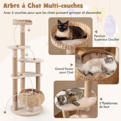 Arbre à Chat Bois 164 Cm, Arbre à Chat Design, 3 Griffoirs Chat En Jute, Tour Pour Chat à 6 Étages