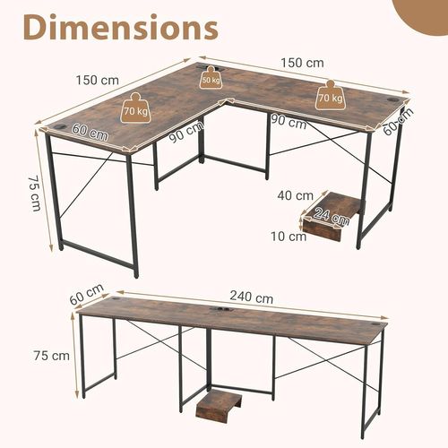 Bureau D'angle En L Réversible Avec Multiprise 2 Prises Et 2 Ports USB, 150x150x75 Cm