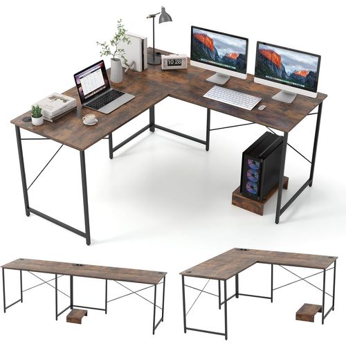 Bureau D'angle En L Réversible Avec Multiprise 2 Prises Et 2 Ports USB, 150x150x75 Cm