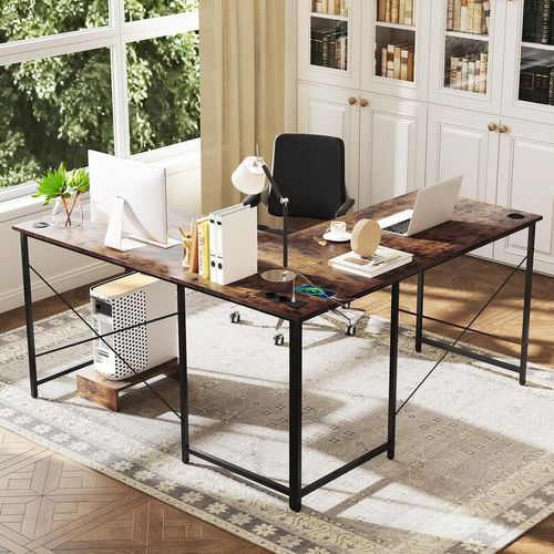 Bureau D'angle En L Réversible Avec Multiprise 2 Prises Et 2 Ports USB, 150x150x75 Cm