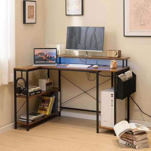 Bureau D'angle Ordinateur 120 Cm LED, Bureau Gaming Avec Ports USB (marron Rustique)