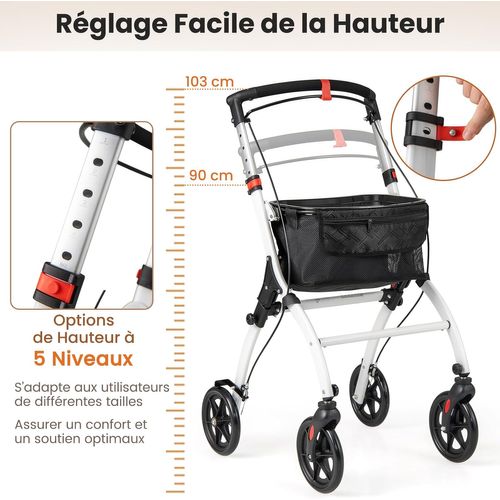 Déambulateur Pliant à 4 Rouesetfreins Charge 136kg, Rollator Médical Léger Hauteur Réglable, Noir