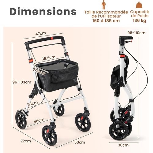 Déambulateur Pliant à 4 Rouesetfreins Charge 136kg, Rollator Médical Léger Hauteur Réglable, Noir