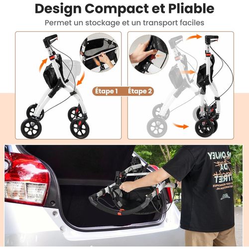 Déambulateur Pliant à 4 Rouesetfreins Charge 136kg, Rollator Médical Léger Hauteur Réglable, Noir