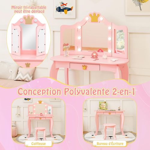 Coiffeuse Enfant Avec Tabouret – Miroir LED – Princesse – Moderne Blanc