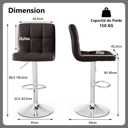 Tabouret De Bar, Chaise Bar Pivotante, Hauteur Réglable 65-85 Cm, Chaise Bar Cuisine En Pu, Marron,2