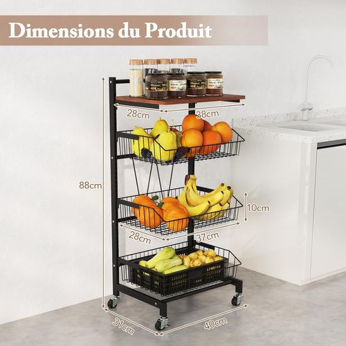 Chariot De Rangement à Roulettes, Desserte 4 Niveaux, Paniers Réglables En Hauteur, 40 × 31 × 88 Cm
