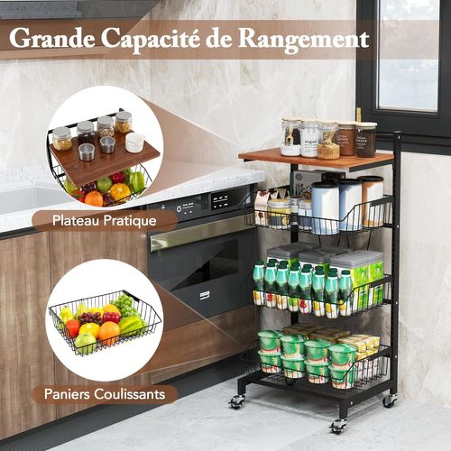 Chariot De Rangement à Roulettes, Desserte 4 Niveaux, Paniers Réglables En Hauteur, 40 × 31 × 88 Cm