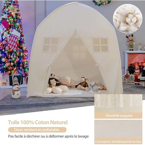 PaLulli Tente de Jeu Grande Tipi pour Enfants avec Tapis et système Anti- collaps & 3 Coussins décoratifs en Toile de Coton Portable intérieure extérieure Tippie (Gris Ambi