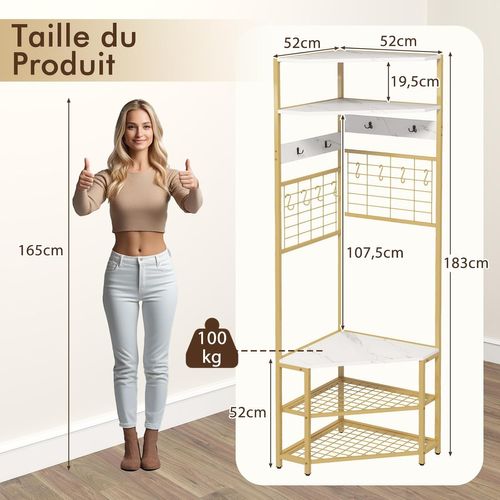 Porte Manteau D'angle 5 Niveaux, Banc, 8 Crochets, 4 Patères, 2 Panneaux De Grille (blanc)