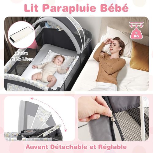 Lit Parapluie Bébé Avec Matelas Et Table à Langer Escamotable, Lit Bébé Évolutif (feuilles,gris)