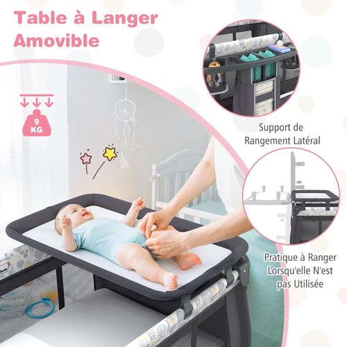 Lit Parapluie Bébé Avec Matelas Et Table à Langer Escamotable, Lit Bébé Évolutif (feuilles,gris)