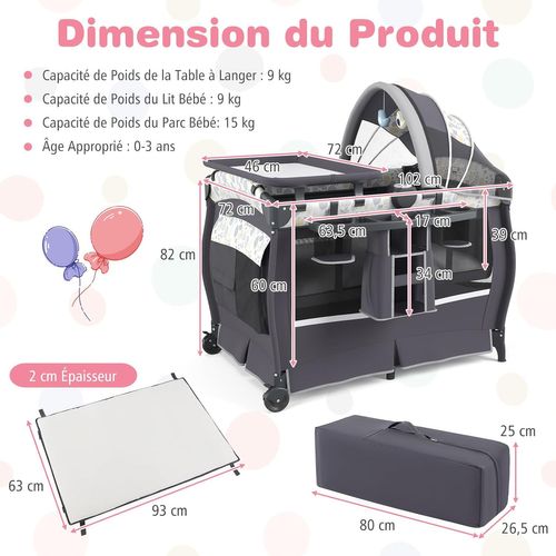 Lit Parapluie Bébé Avec Matelas Et Table à Langer Escamotable, Lit Bébé Évolutif (feuilles,gris)