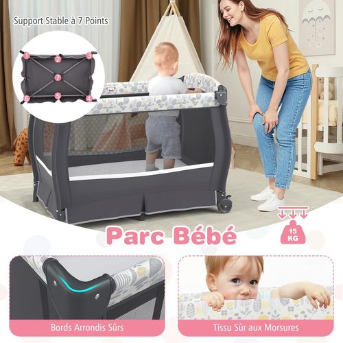 Lit Parapluie Bébé Avec Matelas Et Table à Langer Escamotable, Lit Bébé Évolutif (feuilles,gris)