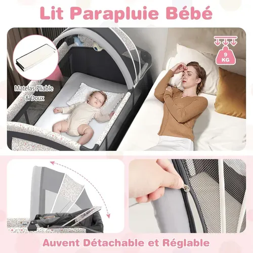 Lit Parapluie Bébé Avec Matelas Et Table à Langer Escamotable, Lit Bébé Évolutif (fleuron,gris)