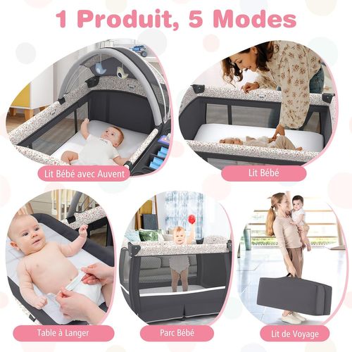 Lit Parapluie Bébé Avec Matelas Et Table à Langer Escamotable, Lit Bébé Évolutif (fleuron,gris)