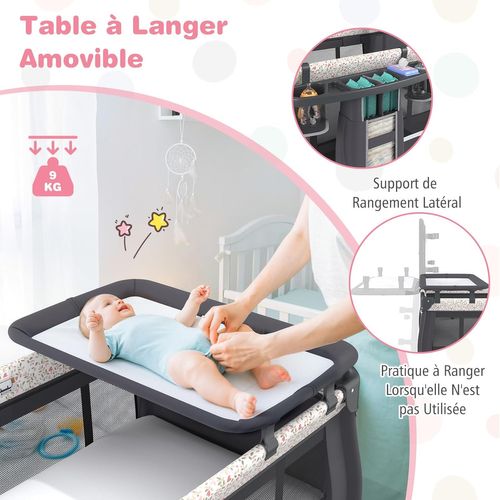 Lit Parapluie Bébé Avec Matelas Et Table à Langer Escamotable, Lit Bébé Évolutif (fleuron,gris)