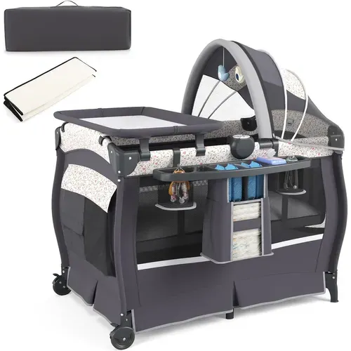 Lit Parapluie Bébé Avec Matelas Et Table à Langer Escamotable, Lit Bébé Évolutif (fleuron,gris)