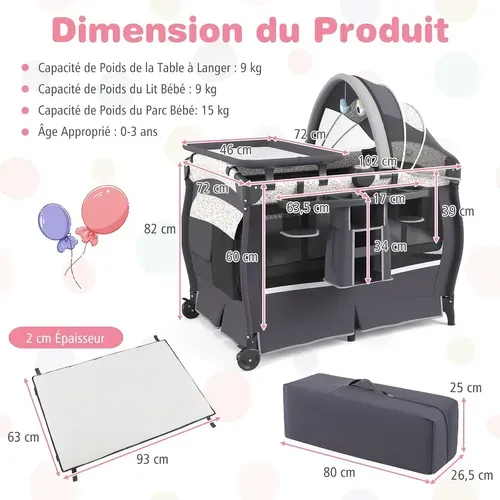 Lit Parapluie Bébé Avec Matelas Et Table à Langer Escamotable, Lit Bébé Évolutif (fleuron,gris)