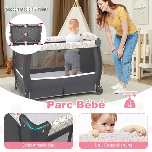 Lit Parapluie Bébé Avec Matelas Et Table à Langer Escamotable, Lit Bébé Évolutif (fleuron,gris)