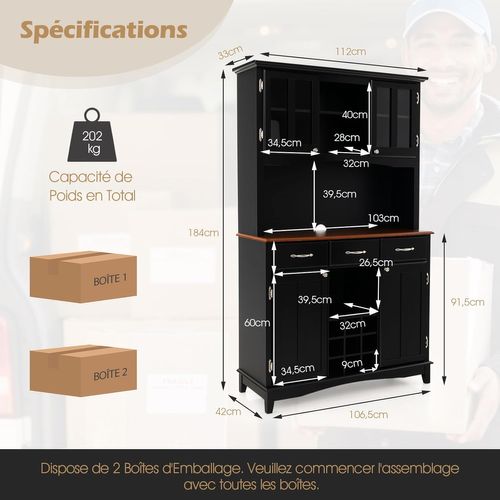 Buffet Cuisine 185 Cm, Armoire Cuisine 3 Tiroirs Et 4 Placards à Porte, Support Pour Micro-onde Noir