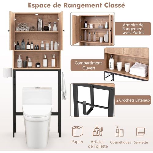 Meuble Wc, Meuble Machine à Laver, Rangement De Salle De Bain à 2 Portes, 23 X 63 X 165,5 Cm Naturel
