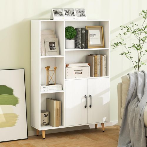 Bibliothèque Enfant En Bois Avec 5 Étagères + 2 Compartiments Portes - Rangement Jouets/Livres, Design Ourson