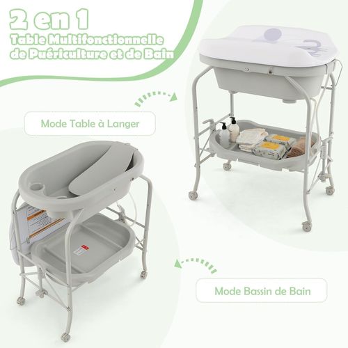 Table à Langer 2 En 1 Avec Baignoire 20l Plateau De Rangement, Commode à Langer Pliable, Gris Clair