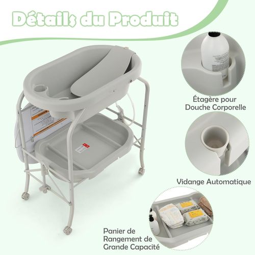 Table à Langer 2 En 1 Avec Baignoire 20l Plateau De Rangement, Commode à Langer Pliable, Gris Clair