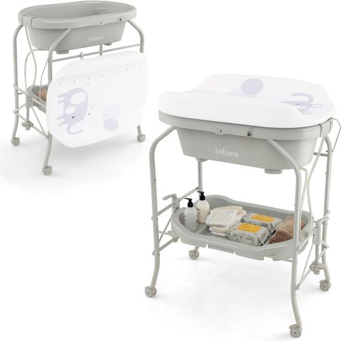 Table à Langer 2 En 1 Avec Baignoire 20l Plateau De Rangement, Commode à Langer Pliable, Gris Clair