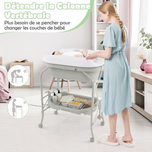 Table à Langer 2 En 1 Avec Baignoire 20l Plateau De Rangement, Commode à Langer Pliable, Gris Clair