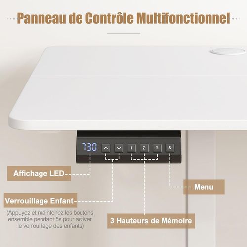 Bureau Assis Debout Electrique 60 X 160 Cm, 3 Hauteurs De Mémoire, Bureau Réglable En Hauteur, Blanc
